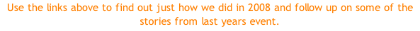 Use the links above to find out just how we did in 2008 and follow up on some of the stories from last years event.